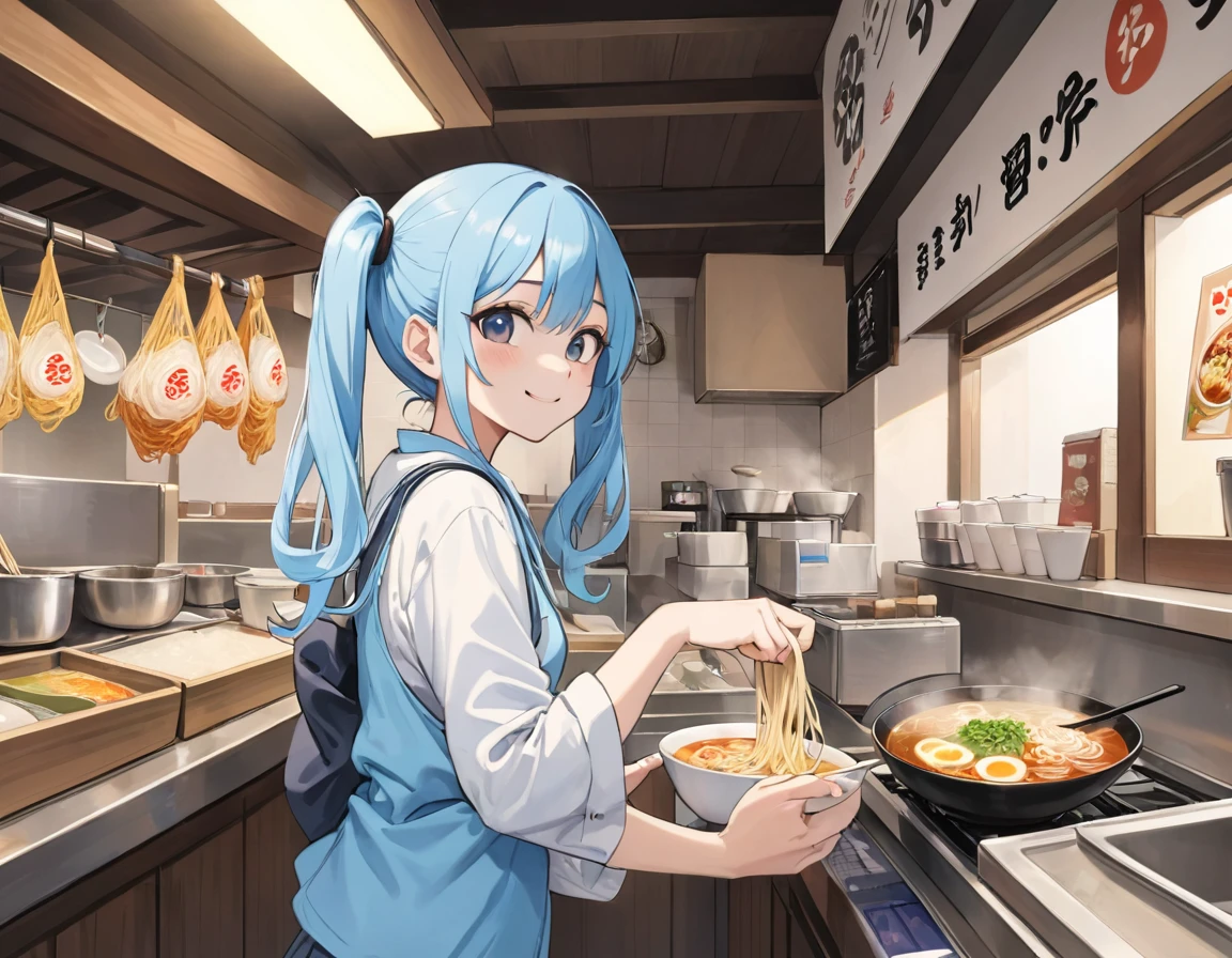Stylish interior、A teenage girl working part-time at a popular ramen shop、Smiling while making ramen in the kitchen。Light blue long hair、Twin tails 、Her youth and passion、The smell of food fills the store.。