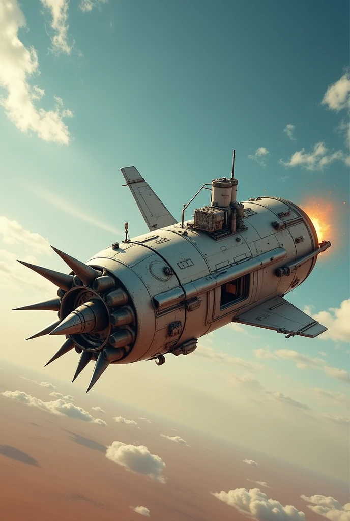 Flying machine, small, simple medium, with spikes, a mega rocket booster and 3d