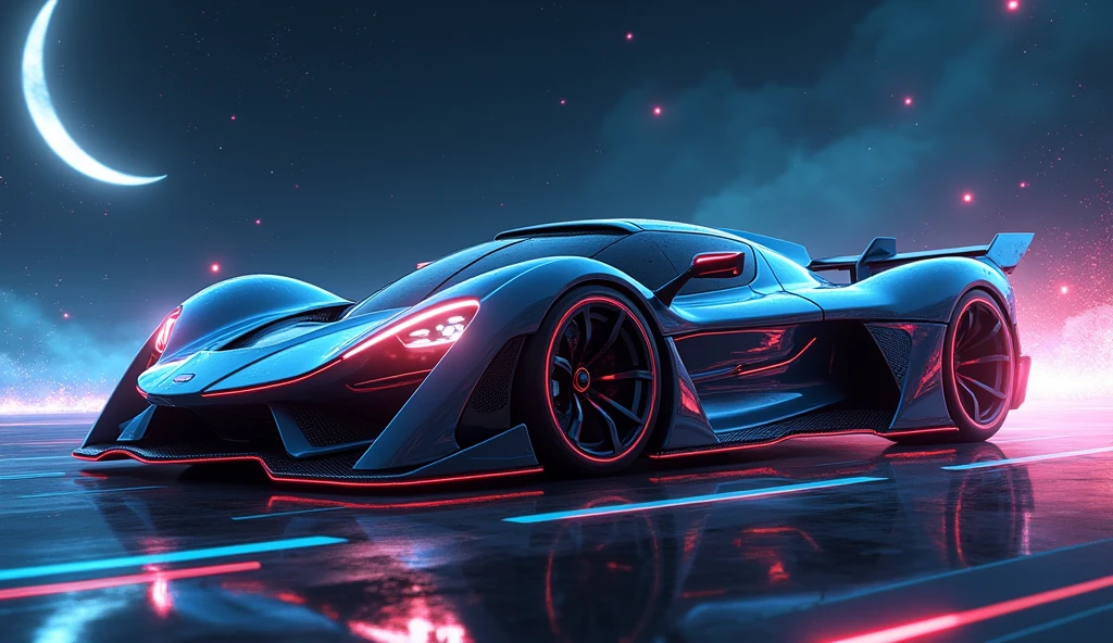 Racing car, modern , full body, game, Design with moon and stars.