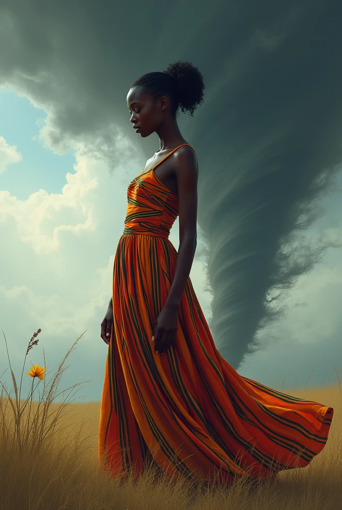 African woman in 9-color striped dress with a ponytail in her hand and a tornado in the background
