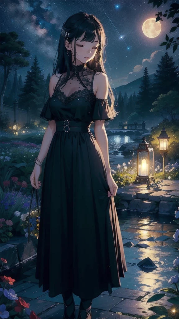 master part, gorgeous, landscape, (((NO_HumaNãos))), night, flower, garden, Starry sky, full moon constellation)) , stunning, vista, water, warm, cozy, peaceful, Meteor, cosmic, magic, magic, particuls, i'm, ((Fireflies))