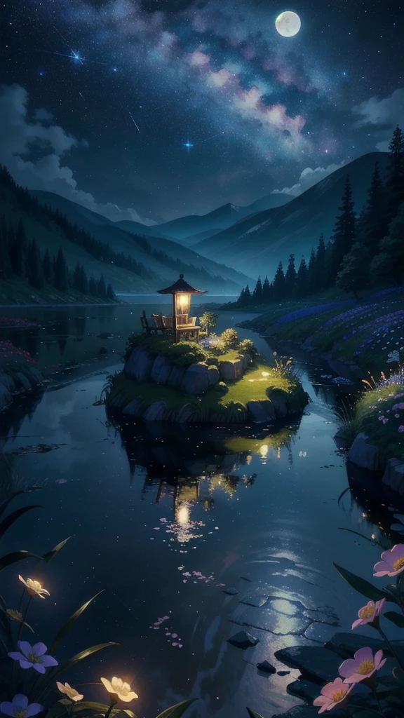 master part, gorgeous, landscape, (((NO_HumaNãos))), night, flower, garden, Starry sky, full moon constellation)) , stunning, vista, water, warm, cozy, peaceful, Meteor, cosmic, magic, magic, particuls, i'm, ((Fireflies))