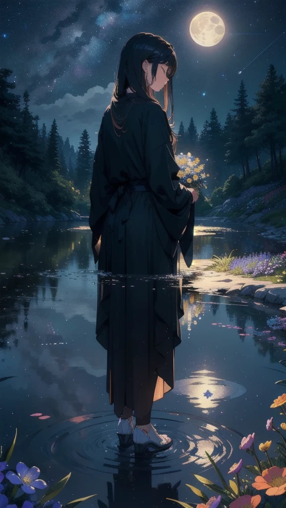 master part, gorgeous, landscape, (((NO_HumaNãos))), night, flower, garden, Starry sky, full moon constellation)) , stunning, vista, water, warm, cozy, peaceful, Meteor, cosmic, magic, magic, particuls, i'm, ((Fireflies))