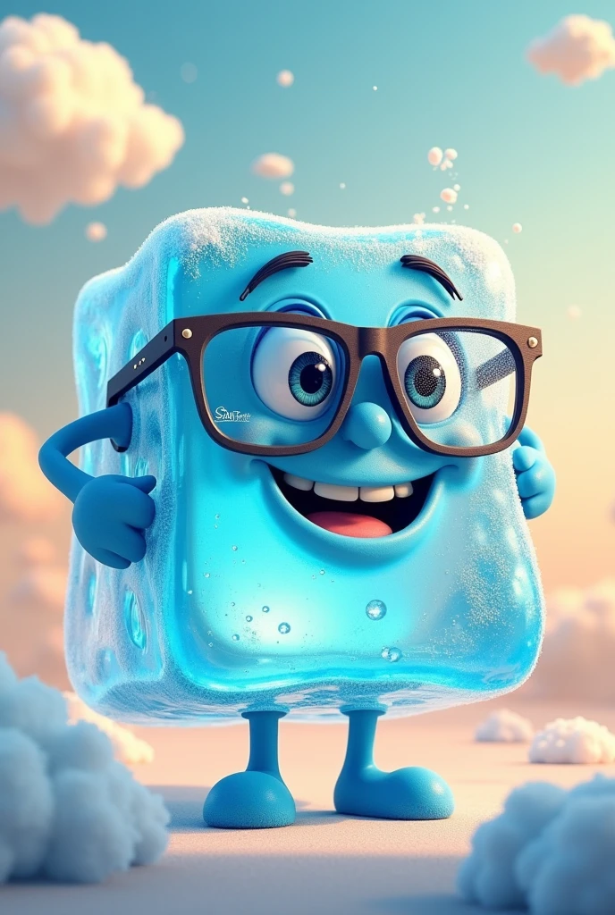 Animated ice cube with hands and feet, wearing glasses with the brand name “San Felipe”, that has a background with clouds and sun That helps promote the purchase 