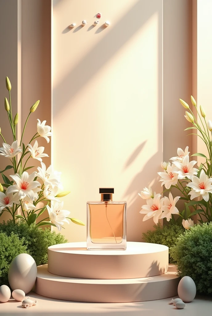 "Create a background image for the display of two perfumes, without the perfumes themselves. The setting should include a podium where the perfumes will be positioned. Decorate the background with white flower details, like lilies, and bushes, mixing warm and cool tones. Add subtle elements that suggest the presence of an egg and the universe, such as small egg shapes integrated into the decor and star or cosmic patterns in the background."