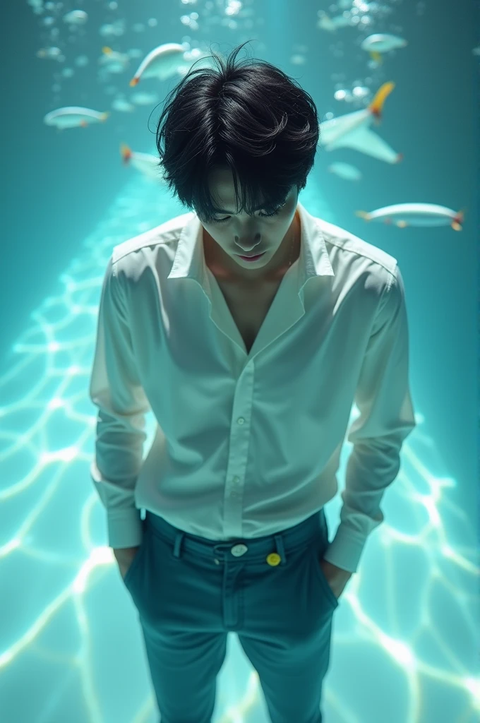 Movie Photoshoot of, safe , realistic , 4k, jungkook liying in a aquarium, fullbody view. Water on waist level, water reflected, distorted water, bright photo, NO eXPLICIT CONTENT, admiring his p3nis, publc bathrroom, jungkook looking down, hand on holding waistband, holding pocket,wet, large suppository visible in pants, hands grabbing lap, overhead spotlight 