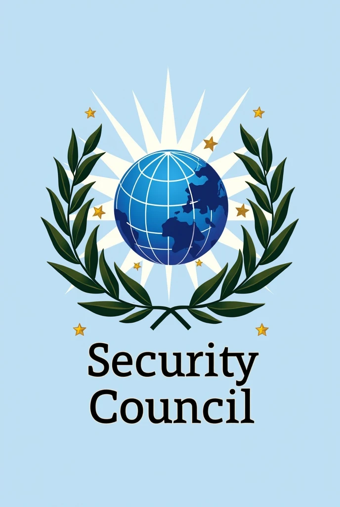 Un logo representativo del Security Council de las Naciones Unidas con un globo terráqueo estilizado en azul, surrounded by two green olive branches, with five golden stars framing the globe, Name "Security Council" It is in a modern and clear typography at the bottom, in white or gold. Also a background of light rays and a silver border that encloses everything