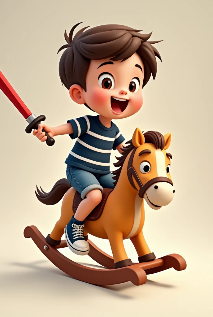 cartoon boy riding wooden rocking horse with red sword in hand short black hair dark brown eyes fair skin wearing navy blue and white striped shirt denim shorts all star sneakers happy and with innocent look