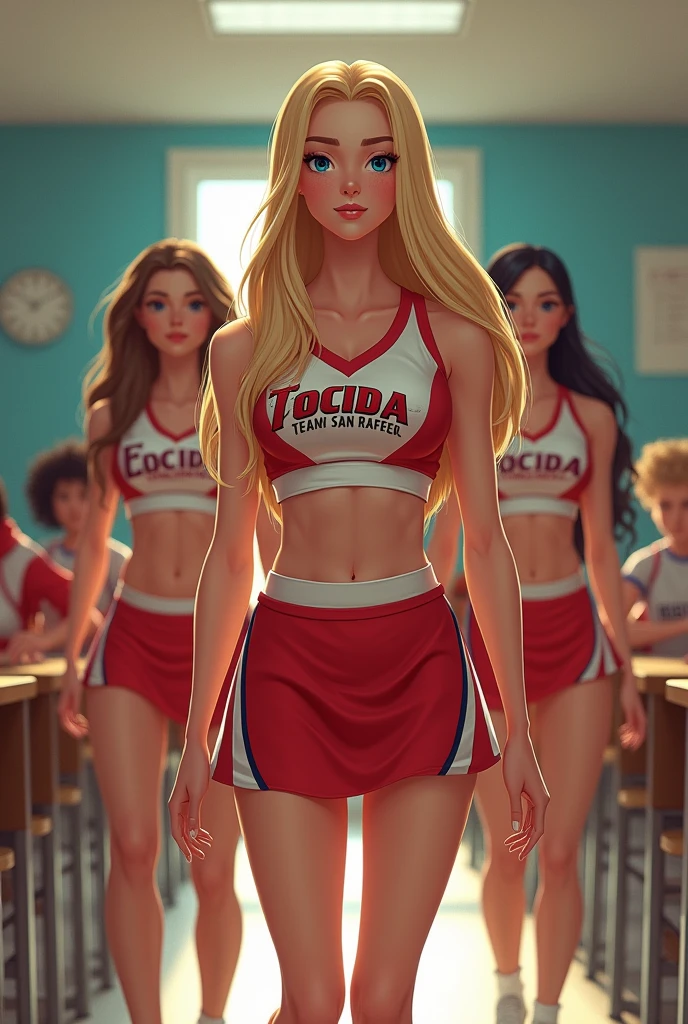 A girl wearing a high school cheerleader uniform walked into the classroom.. On the shirt it says "team san rafael".
She is thin, with shapely legs and straight, blonde hair above her shoulders. Her eyes were blue and her lips were thin and her skin was smooth as porcelain.
There were other leaders of tocida behind her from various ethnicities.