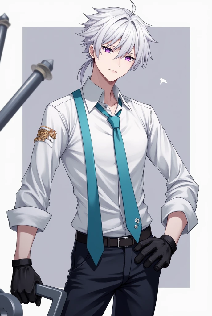 Create an image of a guy in anime style,with white hair and a small ponytail,the right eye has to be closed and the left eye has a purple iris,white dress shirt,blue tie and black pants,in the closed eye there must be a scar and make him hold a giant war march with his left arm but remember,It&#39;s not a hammer but a hammer and the hammer is gray,Furthermore he wears two black motorcycle gloves