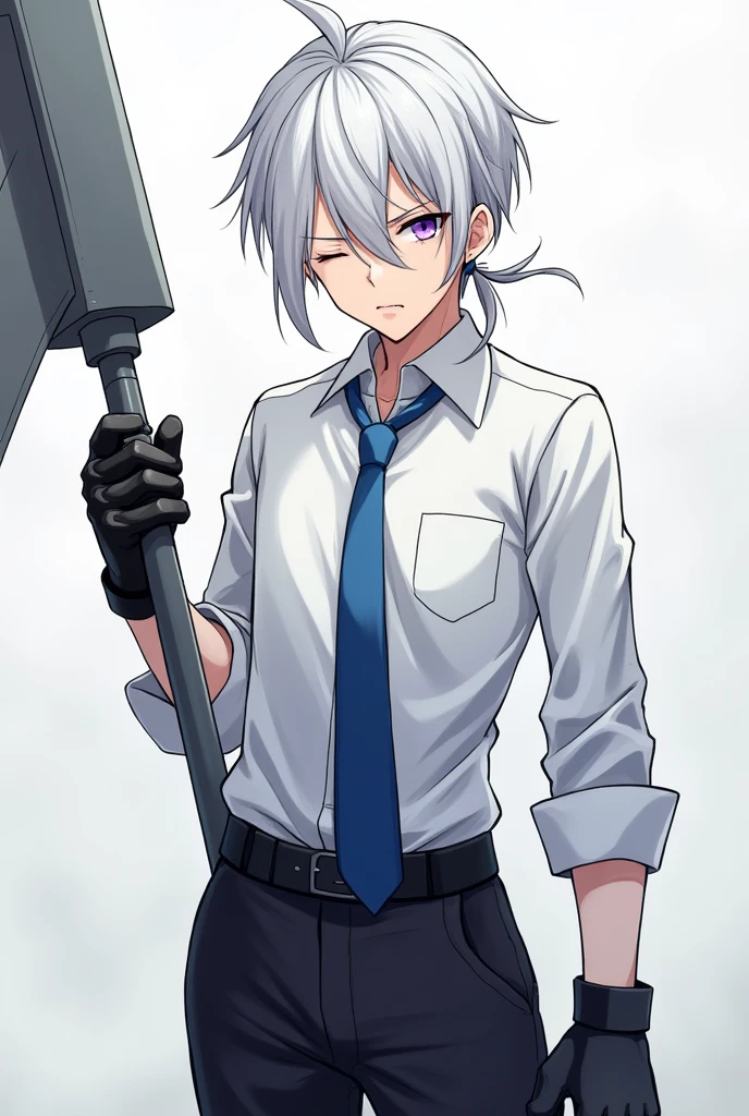 Create an image of a guy in anime style,with white hair and a small ponytail,the right eye has to be closed and the left eye has a purple iris,white dress shirt,blue tie and black pants,in the closed eye there must be a scar and make him hold a giant war march with his left arm but remember,It&#39;s not a hammer but a hammer and the hammer is gray,Furthermore he wears two black motorcycle gloves