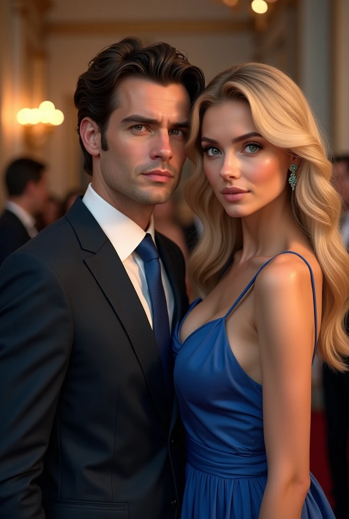 (Photorealism:1.2), man in a suit with a blue tie dark brown hair brown eyes and a woman with blonde green eyes long hair wearing a blue dress at an elegant  8k ultra realistic photorealistic super detailed the best possible 