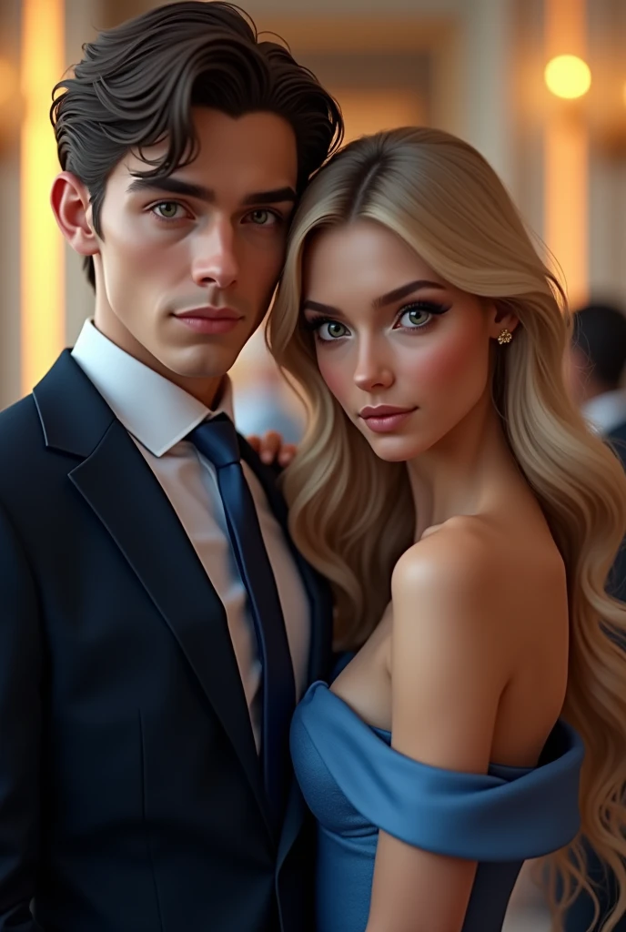 (Photorealism:1.2), man in a suit with a blue tie dark brown hair brown eyes and a woman with blonde green eyes long hair wearing a blue dress at an elegant  8k ultra realistic photorealistic super detailed the best possible 