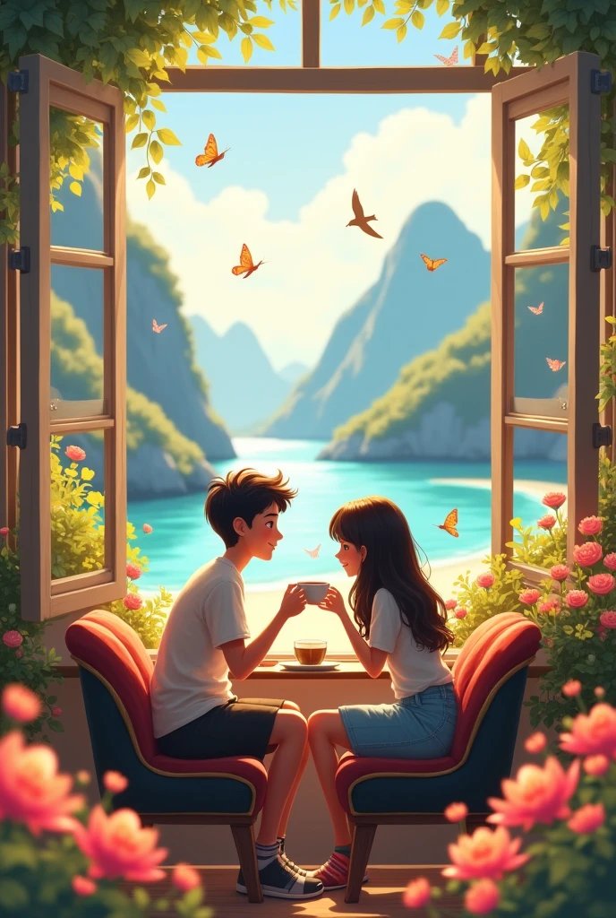 A cute girl and his boy friend siting on a chair with cofee cup on a table baground windo open glass out side beautifull sea beach mountain followers and bird fling butterfly were fly