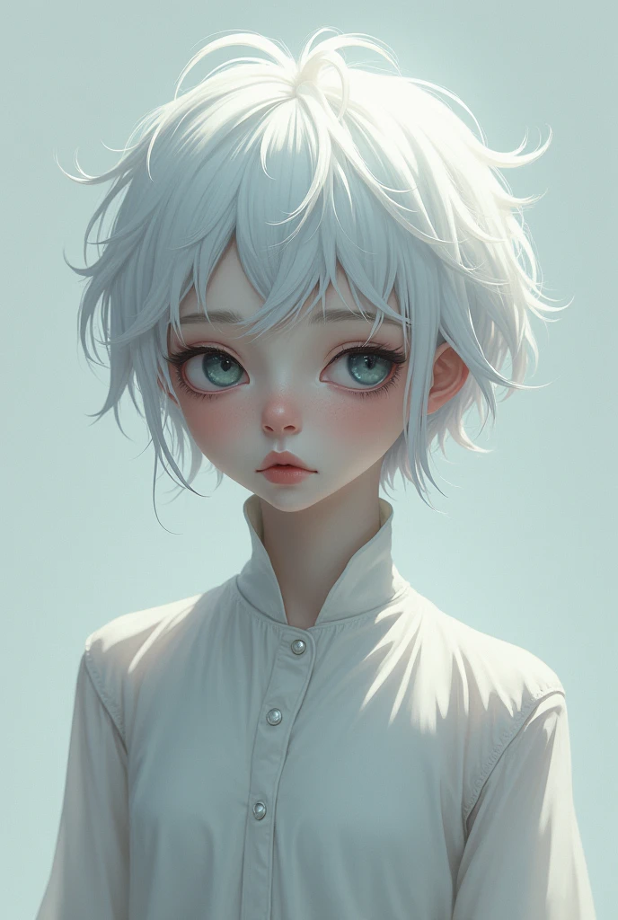 Engeal is a boy who is about 1.70 cm, He has short white hair, She has pale skin and a thin build and a small waist., He also has blue and grey eyes., along with his eyelashes and eyebrows being white as well as his hair, He has a sad look