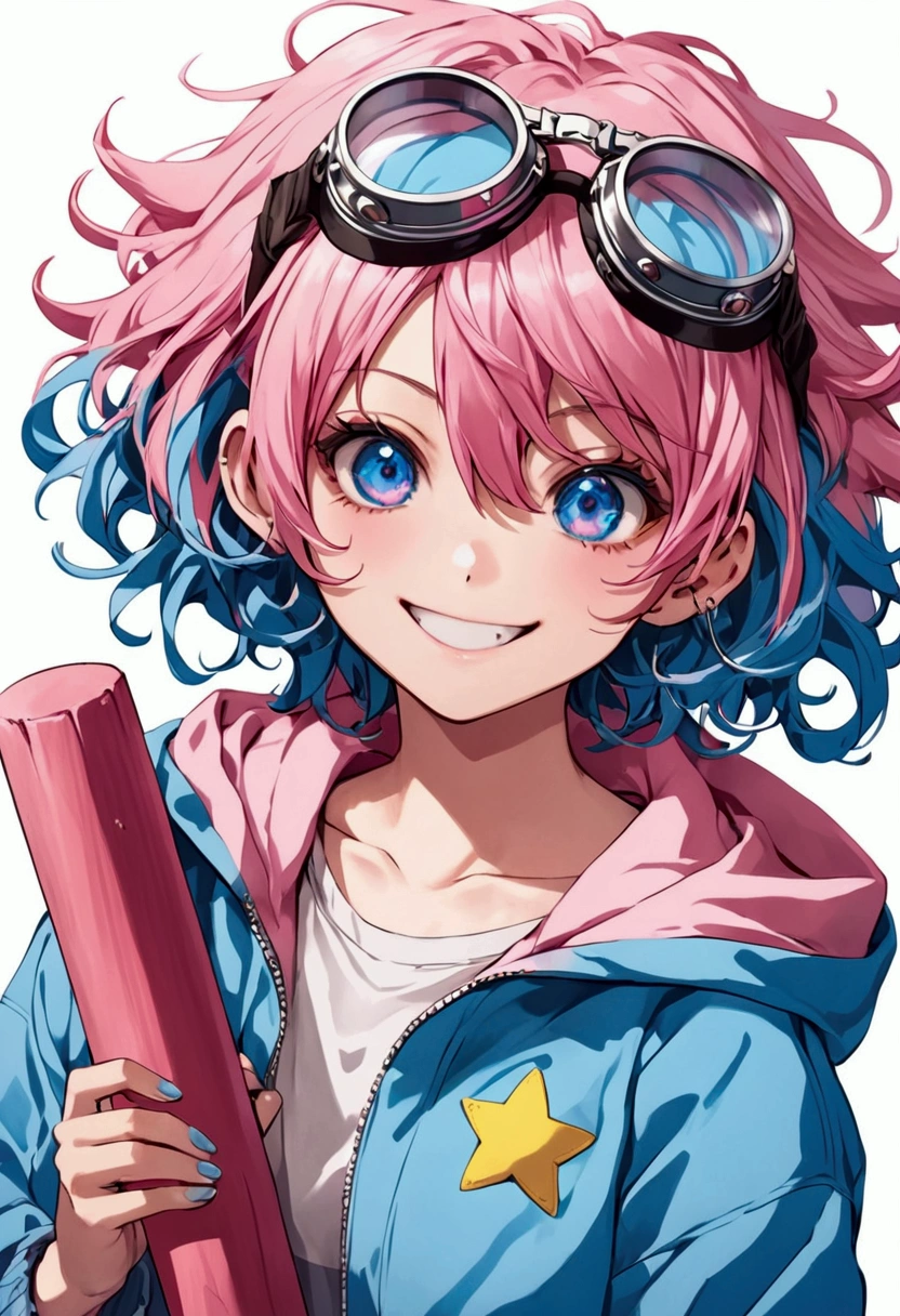 Teen girl. One eye Is pink and one eye Is blue, the eye with color blue has a yellow star in it. Natrual Skin that is close to pink color. Cute face. Beautiful face. Slim body. Big chaos smile. Crazy. Short haircut. Fluffy hair hair that is dyed with pink and blue color. Pastel Pink and blue jacket. Long sleeves. She Is holding a oversized pink mallet with Ribbon around it to the air . There Is goggles on her head. Chaos smile. Smiling like a mad scientist but not evil. Anime style. 2d