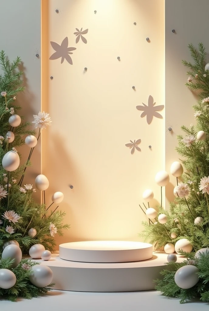 "Create a background image for the display of two perfumes, without the perfumes themselves. The setting should include a podium where the perfumes will be positioned. Decorate the background with white flower details, like lilies, and bushes, mixing warm and cool tones. Add subtle elements that suggest the presence of an egg and the universe, such as small egg shapes integrated into the decor and star or cosmic patterns in the background."