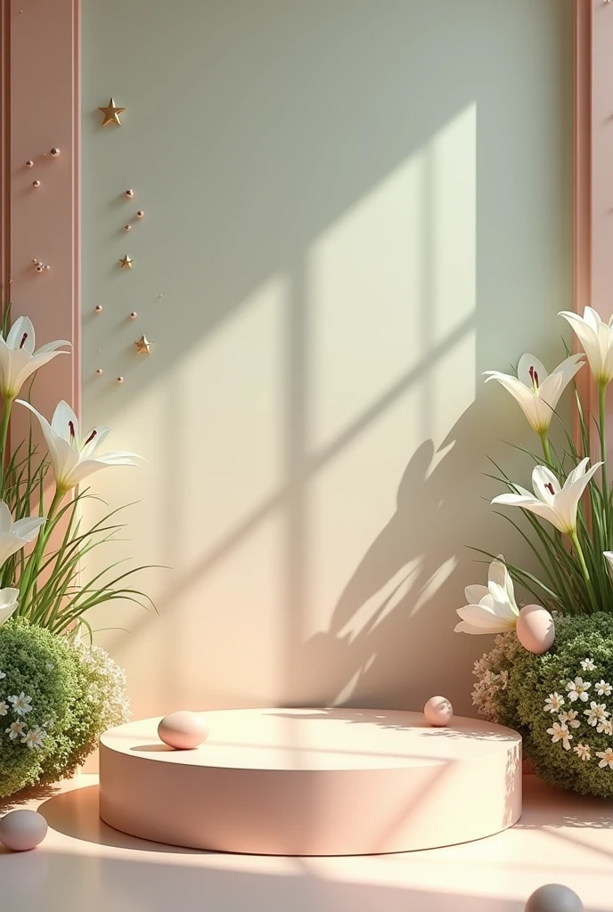 "Create a background image for the display of two perfumes, without the perfumes themselves. The setting should include a podium where the perfumes will be positioned. Decorate the background with white flower details, like lilies, and bushes, mixing warm and cool tones. Add subtle elements that suggest the presence of an egg and the universe, such as small egg shapes integrated into the decor and star or cosmic patterns in the background."