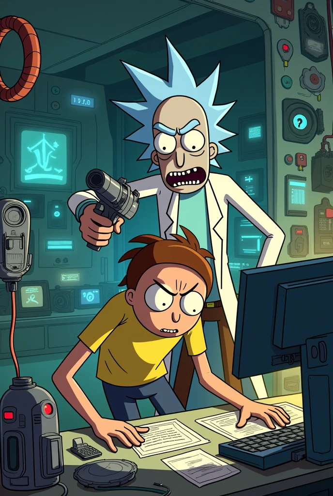 Create an illustration depicting a tense moment in a sci-fi lab. Morty is frantically working on a complex alien invasion project at a cluttered workstation, surrounded by advanced technology, glowing screens, and strange gadgets. His expression is a mix of anxiety and determination as he tries to complete the task. Behind him, Rick stands menacingly with his signature wild hair, holding a futuristic gun to Morty’s head. Rick’s face shows impatience and a twisted grin, pressuring Morty to finish the project. The background features a chaotic, high-tech lab with bright lights and alien artifacts scattered around. The scene captures the intense and darkly humorous dynamic between the two characters.