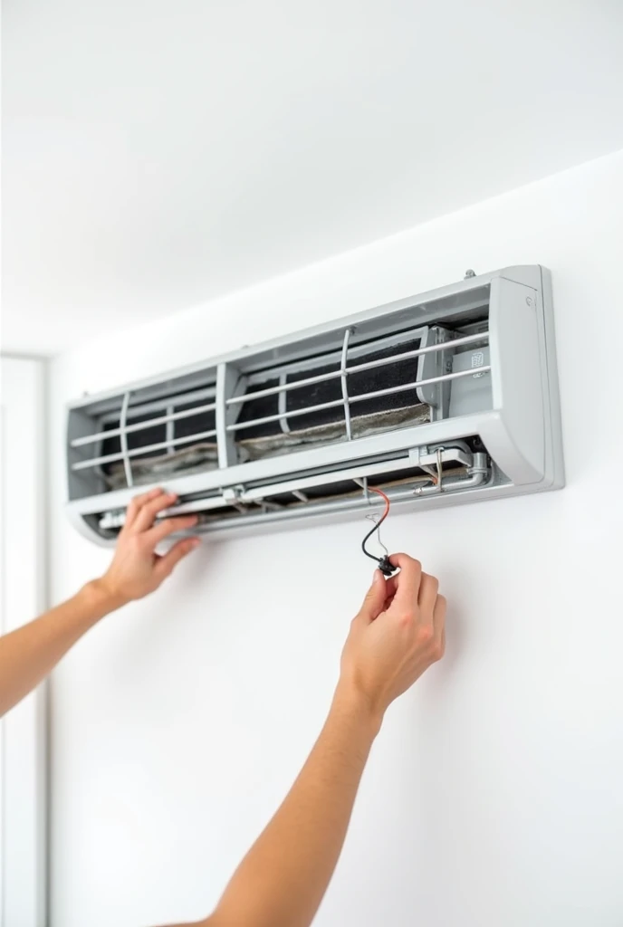  Air conditioner installed in a wall and a worker repairing it  hand showing  in a white background 