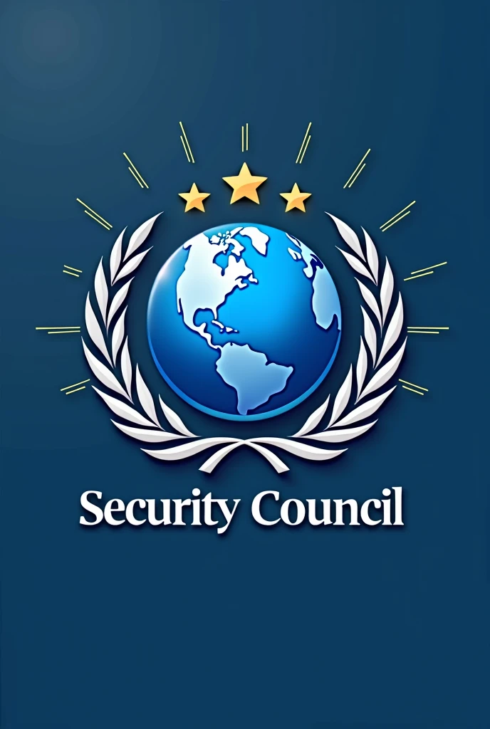 Un logo representativo del Security Council de las Naciones Unidas con un globo terráqueo estilizado en azul, surrounded by two green olive branches, with five golden stars framing the globe, Name "Security Council" It is in a modern and clear typography at the bottom, in white or gold. Also a background of light rays and a silver border that encloses everything