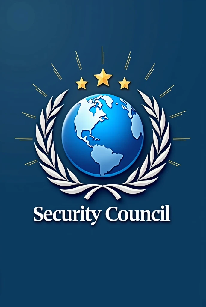 Un logo representativo del Security Council de las Naciones Unidas con un globo terráqueo estilizado en azul, surrounded by two green olive branches, with five golden stars framing the globe, Name "Security Council" It is in a modern and clear typography at the bottom, in white or gold. Also a background of light rays and a silver border that encloses everything