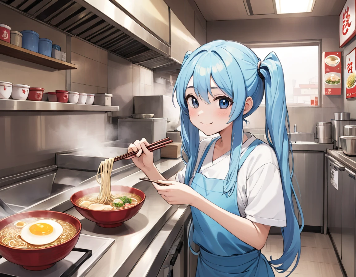 Stylish interior、A teenage girl working part-time at a popular ramen shop、Smiling while making ramen in the kitchen。Light blue long hair、Twin tails 、Her youth and passion、The smell of food fills the store.。