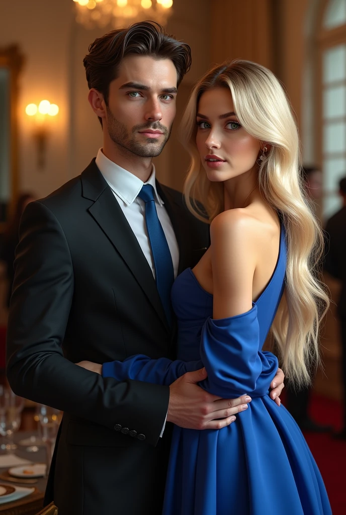(Photorealism:1.2), man in a suit with a blue tie dark brown hair brown eyes and a woman with blonde green eyes long hair wearing a blue dress at an elegant 8k ultra realistic photorealistic super detailed the best possible