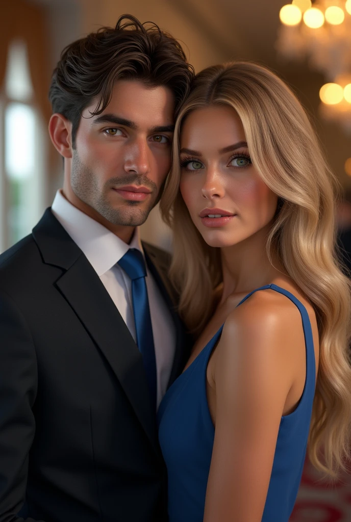(Photorealism:1.2), man in a suit with a blue tie dark brown hair brown eyes and a woman with blonde green eyes long hair wearing a blue dress at an elegant 8k ultra realistic photorealistic super detailed the best possible
