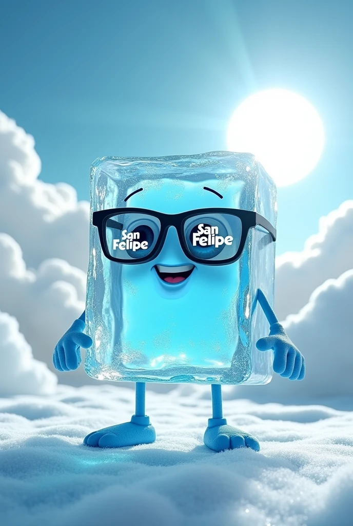 Animated ice cube with hands and feet, wearing glasses with the brand name “San Felipe”, that has a background with clouds and sun (curious)
That helps promote the purchase