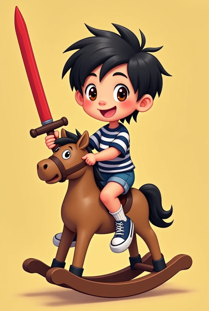  cartoon character sitting on wooden rocking horse with red sword in hand in middle of room short black hair dark brown eyes light skin wearing navy blue and white striped shirt denim shorts all star sneakers happy and with innocent look