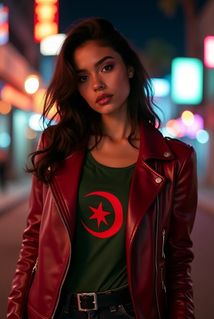 Top quality, realistic, front-facing first-person view, KristannaTX on a Los Angeles street, (Mexican model)، (Sexy wine red leather jacket: 1.1)،
( Algerian flag t-shirt, half white and half green)
seductive smile, (Dark hair)، (Hairstyle: 1.0), perfect eyes, sharp parts, detailed face, face makeup, blush, eyeliner, eye shadow, lip gloss, fashion model, (Deep Focus)، (strong lighting)، (Night time)، (realistic lighting: 1.0)