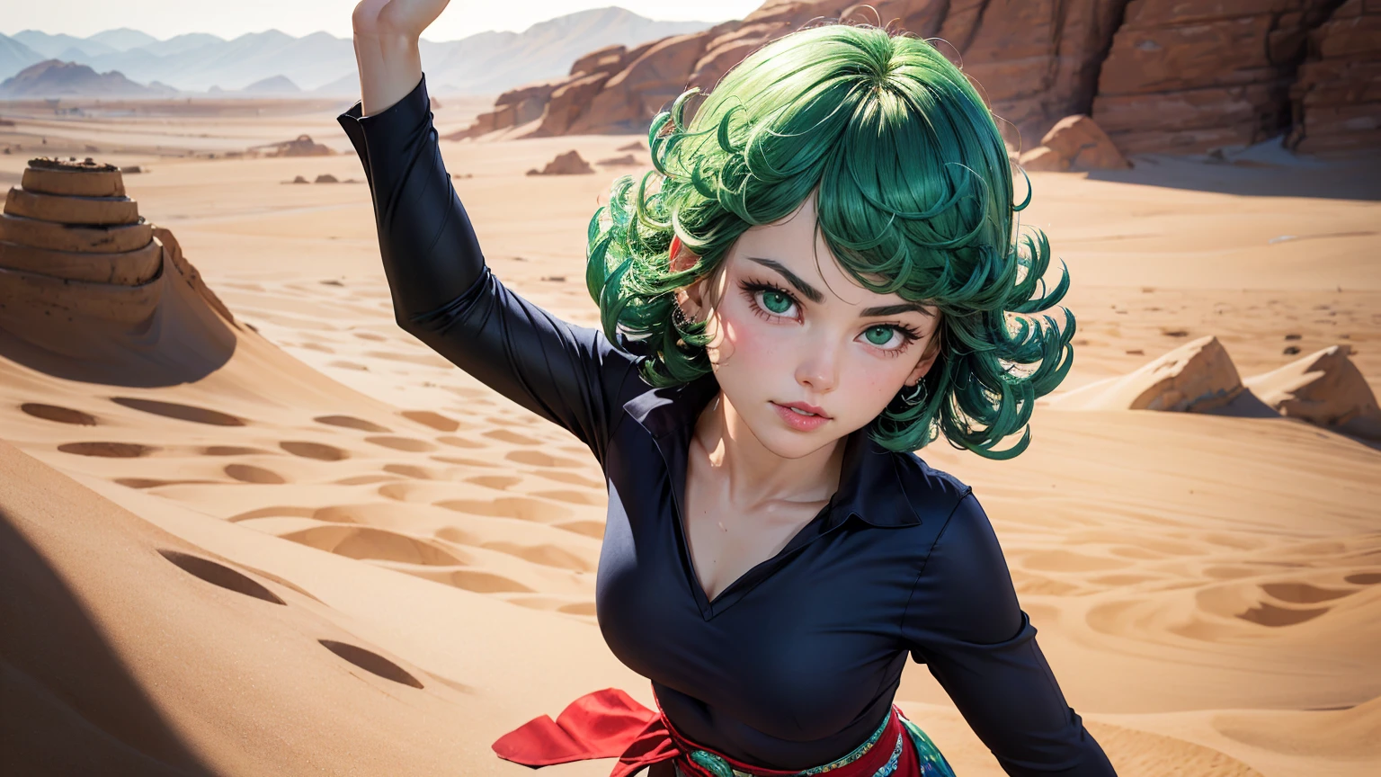 (work of art, best qualityer:1.4), (whole body), 1 girl, standing alone, out, in a desert with sand and dust, tatsumaki, (pelvic curtain:1.2), long sleeves, black gown, (hair green), shorth hair, medium breasts, beautiful smiling, beautiful face, high-detailed face, highly-detailed eyes, highly detailed skin, skin pore, underground dispersal, realisitic pupils, full-face blush, fleshy lips, Depth of field, volumetric lighting, sharp focus, absurderes, realisitic proportions, good anatomy, (realisitic, hyperrealisitic:1.4), 16k hdr