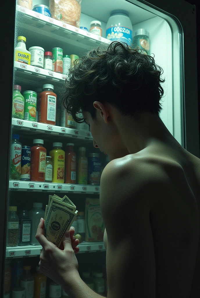 Concept: A person standing in front of a vending machine, with their head stuck inside, as if they’ve been swallowed by it. The machine is filled with not just snacks, but also pills, alcohol miniatures, and credit cards. The figure’s hand is visible outside the machine, desperately clutching a few dollar bills.