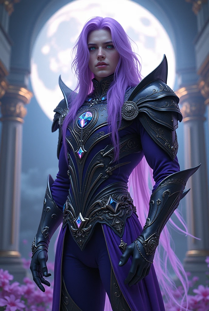 Exquisite illustrations、Ultra detailed、k hd、Handsome and noble、Elegant man、Elegant Pose、holy paladin_Gothic suit、purple long hair、Green eyes. warriors、fantasy、A WORLD、Delicate moon bodysuit,With sparkling armor decorations,detailed tail,Instantly decorate in layers,Detailed valleys,Verbose mode,Full moon background,Break Beautiful