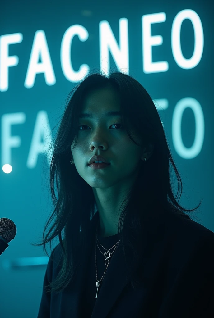 Asian boy who looks like DPR ian and has long hair and in the background is written the word facneo and has a microphone