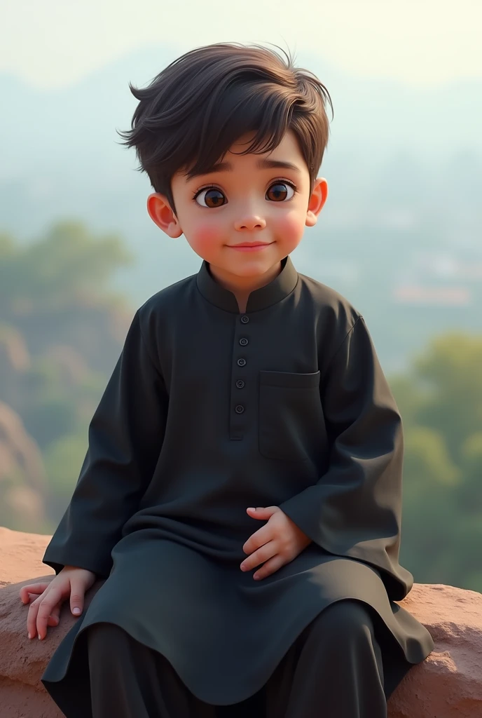 A handsome boy, 1, wearing a black collared Shalwar Kameez with the top two buttons open, sitting on a high place.