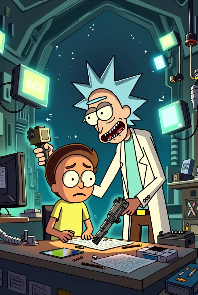 Create an illustration depicting a tense moment in a sci-fi lab. Morty is frantically working on a complex alien invasion project at a cluttered workstation, surrounded by advanced technology, glowing screens, and strange gadgets. His expression is a mix of anxiety and determination as he tries to complete the task. Behind him, Rick stands menacingly with his signature wild hair, holding a futuristic gun to Morty’s head. Rick’s face shows impatience and a twisted grin, pressuring Morty to finish the project. The background features a chaotic, high-tech lab with bright lights and alien artifacts scattered around. The scene captures the intense and darkly humorous dynamic between the two characters.