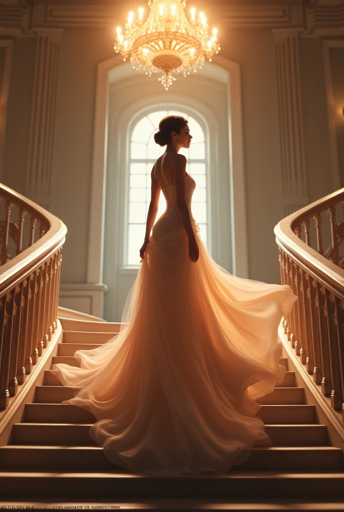 gown standing on a grand staircase, her dress flowing around her as she gazes into the distance, with a chandelier casting a warm glow above.