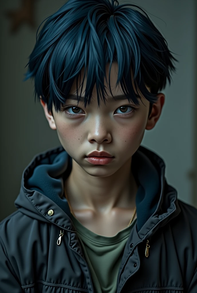 A boy with broad shoulders, straight blue-black hair and deep black eyes like a drama actor