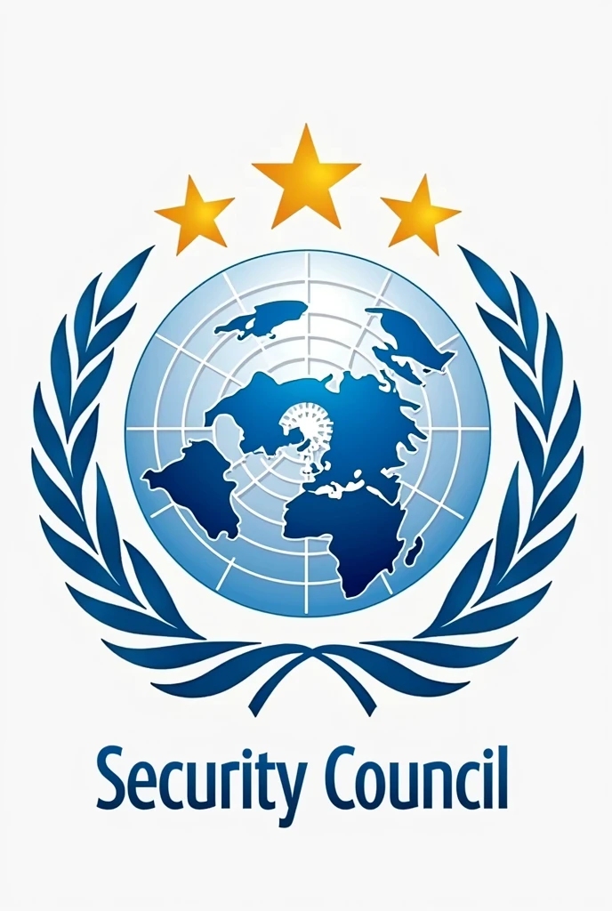Un logo representativo del Security Council de las Naciones Unidas con un globo terráqueo estilizado en azul, surrounded by two green olive branches, A circle of five golden stars framing the globe, Name "Security Council" It is in a modern and clear typography at the bottom, in white or gold. You could add elements such as a light ray background and a silver border.