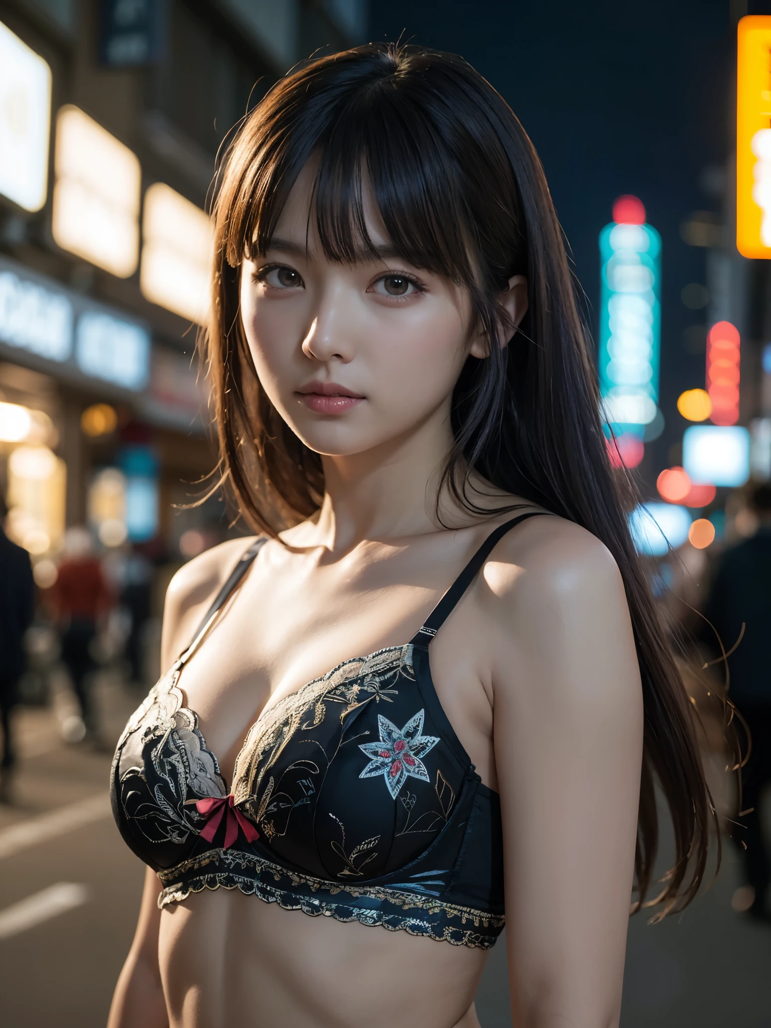 girl, embroidery bra, intricate pattern details, shiny, detailed face, looking at viewer, long hair, bangs, breasts, shoulder, clavicle, midriff, sharp focus, bustling city lights, streets, twilight time, blurry background, bokeh,