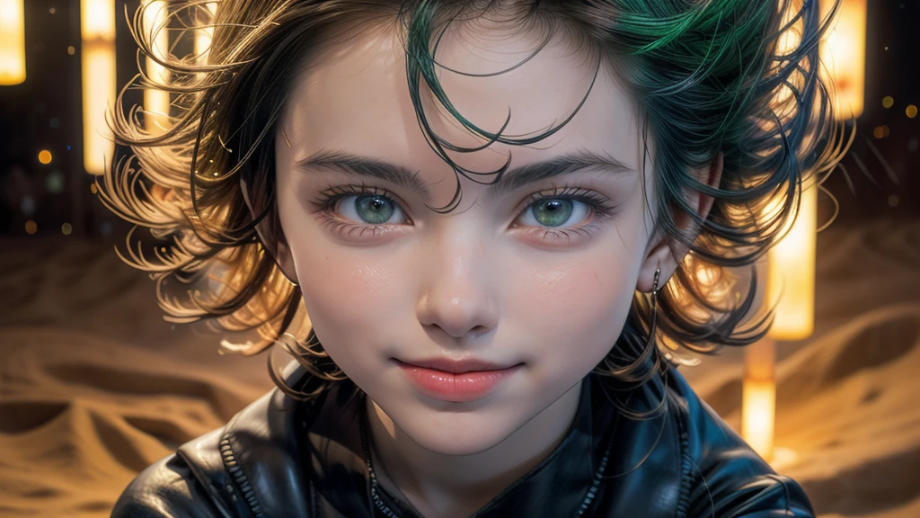 (work of art, best qualityer:1.4), (whole body), 1 girl, standing alone, out, in a desert with sand and dust, tatsumaki, (pelvic curtain:1.2), long sleeves, black gown, (hair green), shorth hair, medium breasts, beautiful smiling, beautiful face, high-detailed face, highly-detailed eyes, highly detailed skin, skin pore, underground dispersal, realisitic pupils, full-face blush, fleshy lips, Depth of field, volumetric lighting, sharp focus, absurderes, realisitic proportions, good anatomy, (realisitic, hyperrealisitic:1.4), 16k hdr