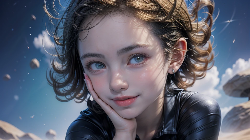 (work of art, best qualityer:1.4), (whole body), 1 girl, standing alone, out, in a desert with sand and dust, tatsumaki, (pelvic curtain:1.2), long sleeves, black gown, (hair green), shorth hair, medium breasts, beautiful smiling, beautiful  face, high-detailed face, highly-detailed eyes, highly detailed skin, skin pore, underground dispersal, realisitic pupils, full-face blush, fleshy lips, Depth of field, volumetric lighting, sharp focus, absurderes, realisitic proportions, good anatomy, (realisitic, hyperrealisitic:1.4), 16k hdr