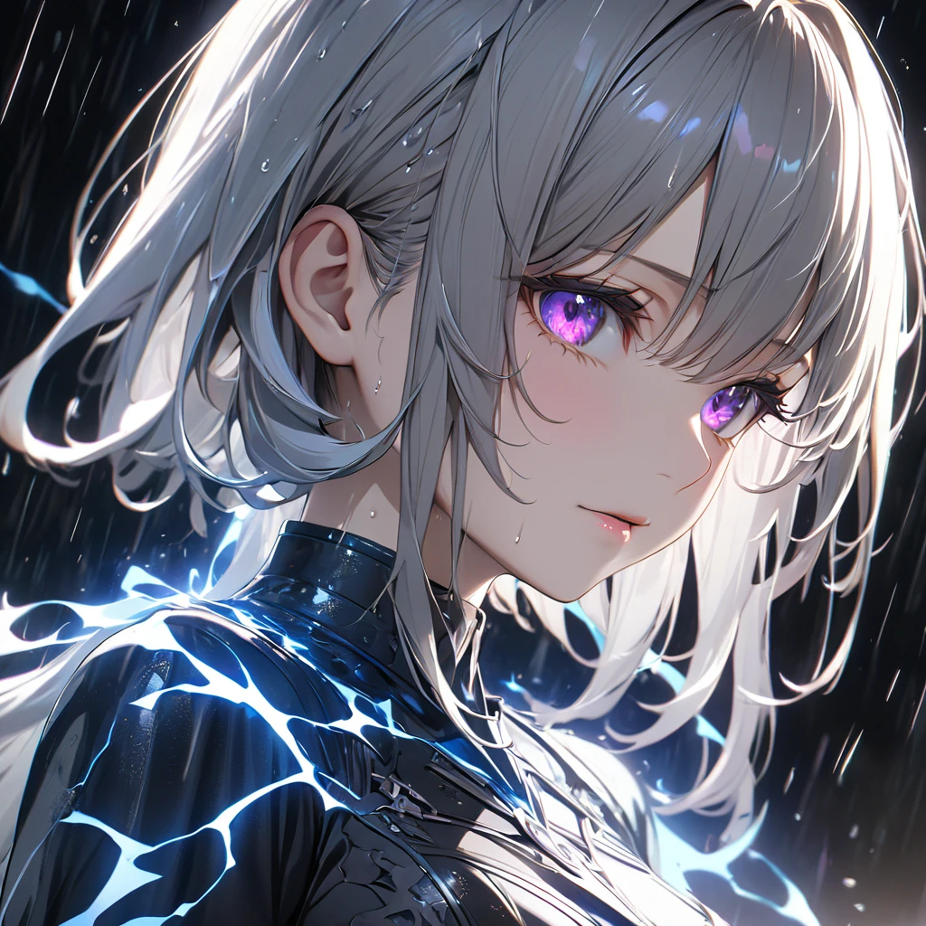 最high quality, wonderful_delicate, wonderful delicate eyes, Super detailed, beautiful, 8k , One person女の子, Red eyes, evil, Facial Contour,(Absurd, High resolution, Super detailed), masterpiece, The perfect solution, wonderfulディテール, Super Detailed, Ocean、深Ocean、darkness、Blue plants、Cinema Lighting, Ray Tracing, Depth of written boundary, Cinema Lighting, Ray Tracing, 超High resolution, Attention to detail, 最high quality, High resolution, high quality, Awards, Super Detail, masterpiece, 8k, 超High resolution, Attention to detail, 最high quality, High resolution, high quality, Awards, Super Detail, masterpiece, 8k, Digital Art, Anime Coloring、,One person,Blue lighting,Blue electricity,Electricity is wrapped around my whole body,black_background,rain,Gray Hair, Purple eyes