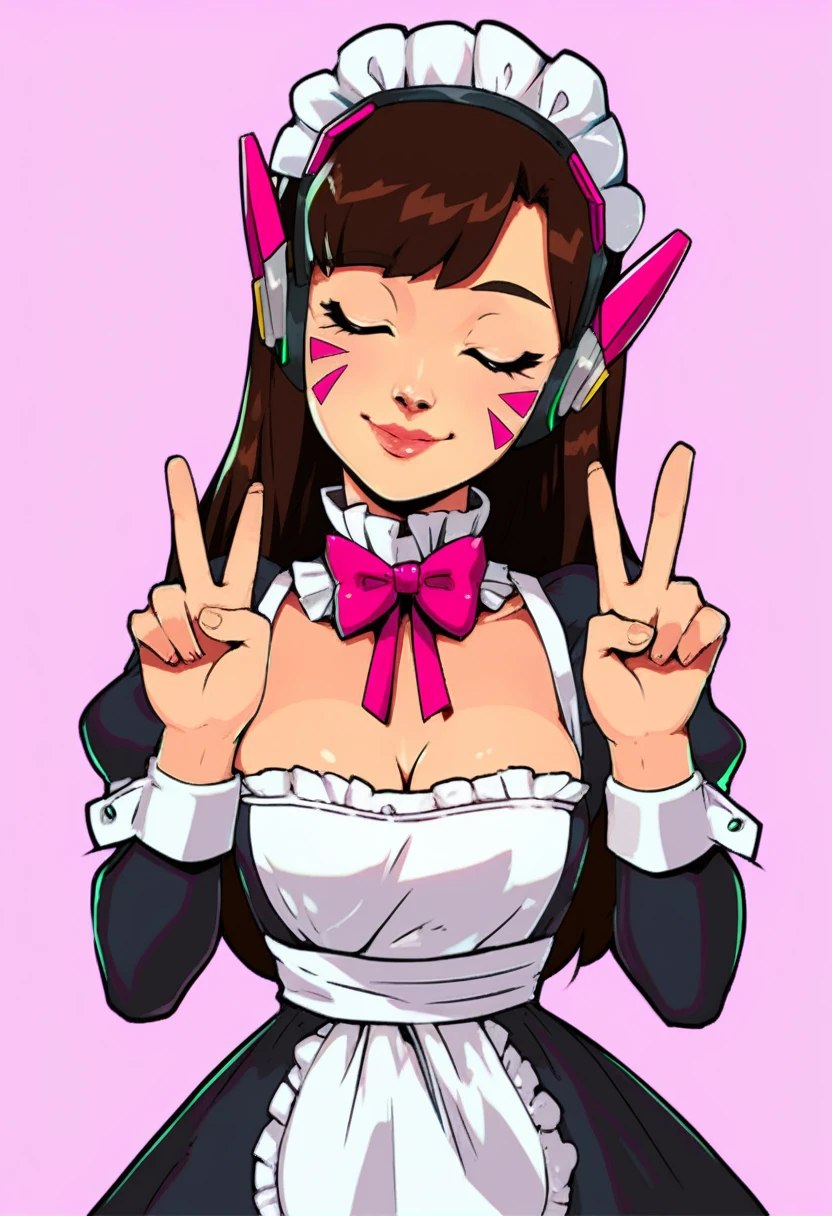 score_9, score_7_up, 1girl, solo, (d.va \(overwatch\)):0.6, maid, cleavage, depth of field, presenting, smile, double v, closed eyes, happy, head tilt