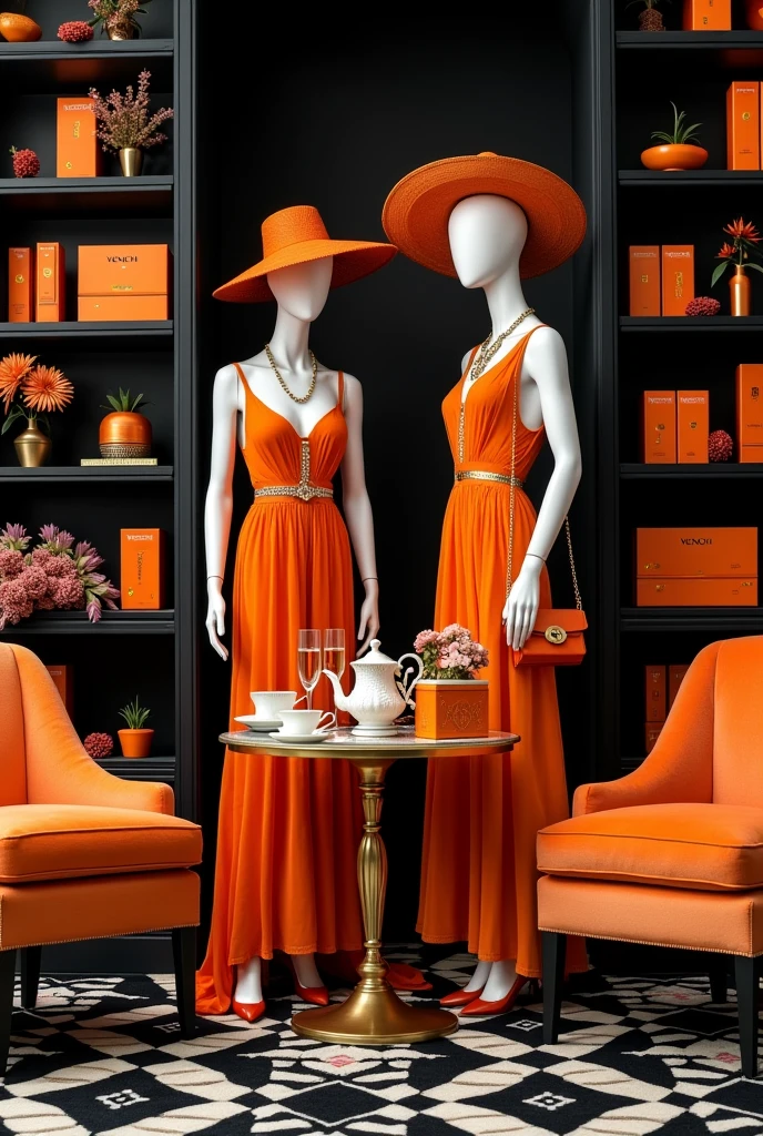 Scene Overview:
• The scene is set in a luxurious corner, designed to evoke elegance and sophistication.
• Color Theme: The primary colors are black, white, gold, and pops of vibrant orange.
Background:
• Bookshelves: L Shaped Black bookshelves filled with vibrant orange Venchi chocolate gift boxes and T9 Tea cans, alongside mooncake boxes.
• Decorative Elements: The bookshelves also feature soft decorative items, such as small floral arrangements or delicate ornaments, adding a touch of warmth and contrasting beautifully with the orange accents.
Centerpiece:
• Mannequins: In left-front of the bookshelves, there are two mannequins dressed in Valentino outfits.
• Outfits: Elegant dresses in a classic Valentino style, complemented by matching hats, heels, handbags, and luxurious jewelry.
• Colors: The clothing and accessories maintain the black, white, and gold theme, ensuring a sophisticated look against the bold orange backdrop.
Furniture:
• Tea Table: A sleek black tea table is placed on a black-and-white mixed-colored art-deco round rug.
• Tea Rack: On the table, there’s a tea rack holding Venchi chocolates and T9 Tea items, with the orange packaging adding a striking pop of color.
• Tableware: Wedgwood tea sets and champagne glasses are elegantly arranged on the table.
Seating:
• Chairs: Beside the table, there are plush velvet chairs, inviting guests to sit and enjoy the scene. The velvet chairs could be in a deep, rich color like black or dark gold, complementing the vibrant orange accents.
Decorative Touches:
• Floral Arrangements: Soft, delicate flowers in muted tones, such as whites or light golds, are placed around the scene, adding a fresh and natural element that contrasts nicely with the orange.
• Additional Decorations: Other soft decorative items, such as candles or small sculptures, are carefully placed to enhance the overall ambiance while ensuring the orange elements stand out.