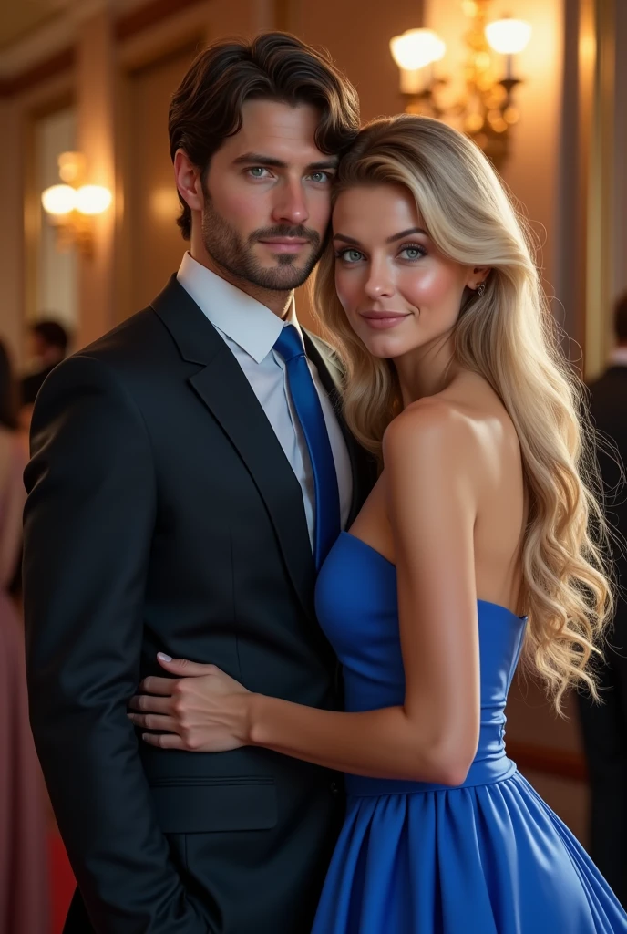(Photorealism:1.2), man in a suit with a blue tie dark brown hair brown eyes and a woman with blonde green eyes long hair wearing a blue dress at an elegant  8k ultra realistic photorealistic super detailed the best possible 