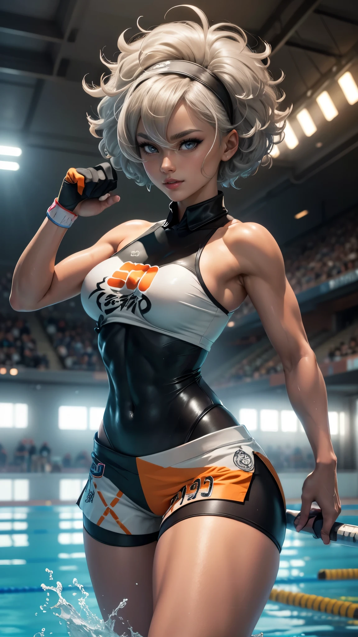 Bea da pokemon,(best qualityer,4K,8k,high resolution, work of art:1.2)(weather: cloudy), sports stadium pool background, short curly hair, gray hair, cropped shirt, micro shorts, thigh high stockings, headband, gloves, leotard, nipples, ultra detailed, realistic, beautiful detailed gray eyes, beautiful detailed lips, extremely detailed eye and face, extremely detailed hands, long eyelashes, average, medium breasts, flying hair, beaming smile, powerful girl in a combat, kung fu stance, wet body, bright coloured, dramatic lighting,