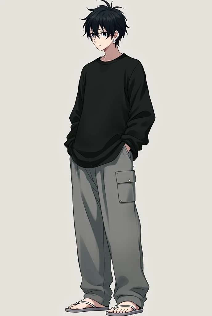 create serious straight male anime character,
pale white skin color,
black hair color,
white earring,
black sweatshirt with pockets,
gray wide pants,
white flip flops